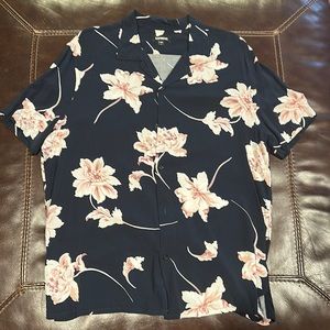 Camp Collar Button Up Navy with Pink Flowers